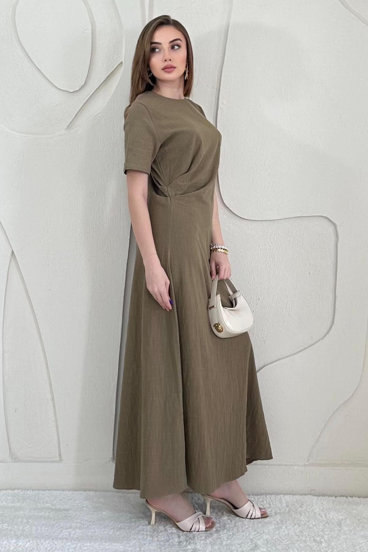 Haki Pileli Bisiklet Yaka Elbise