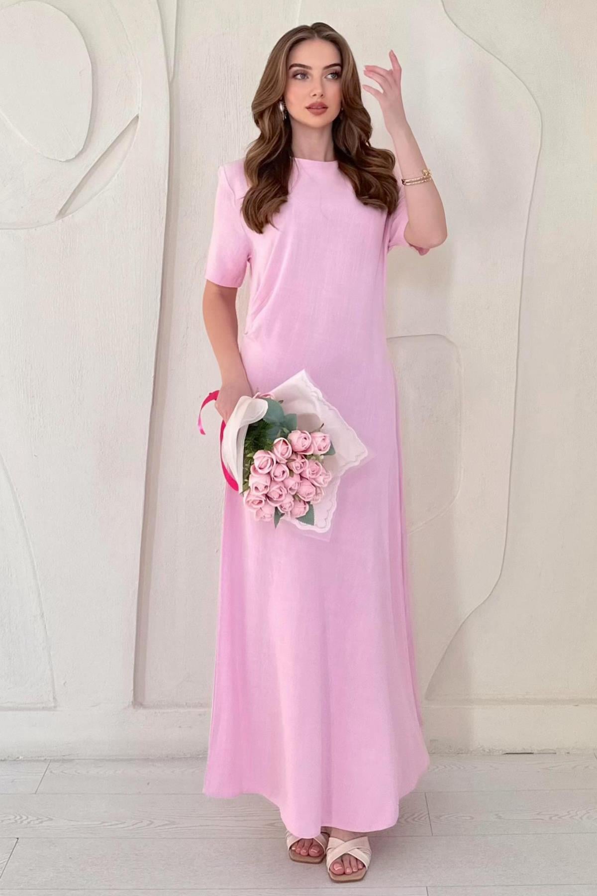 Pembe Pileli Bisiklet Yaka Elbise