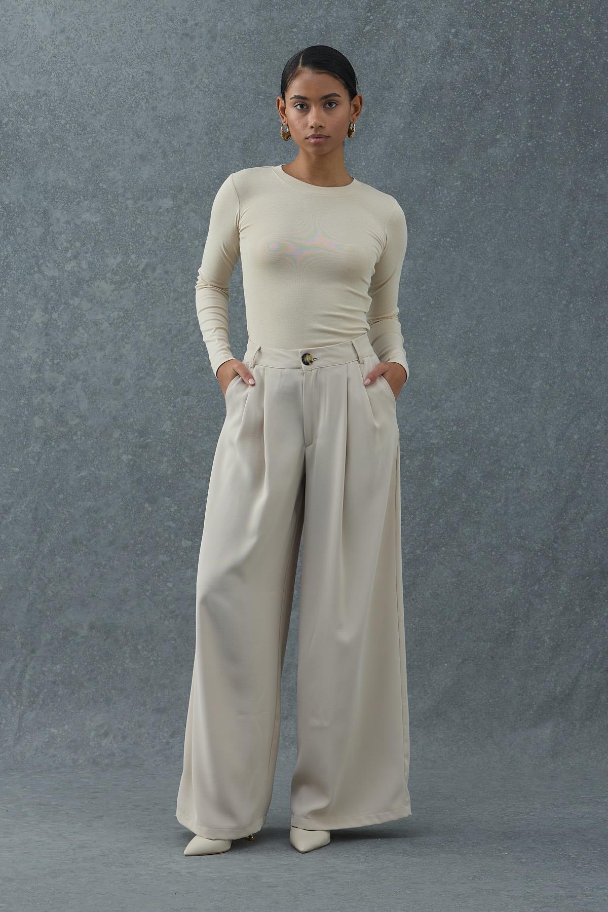 Bej Pileli Comfort Pantolon