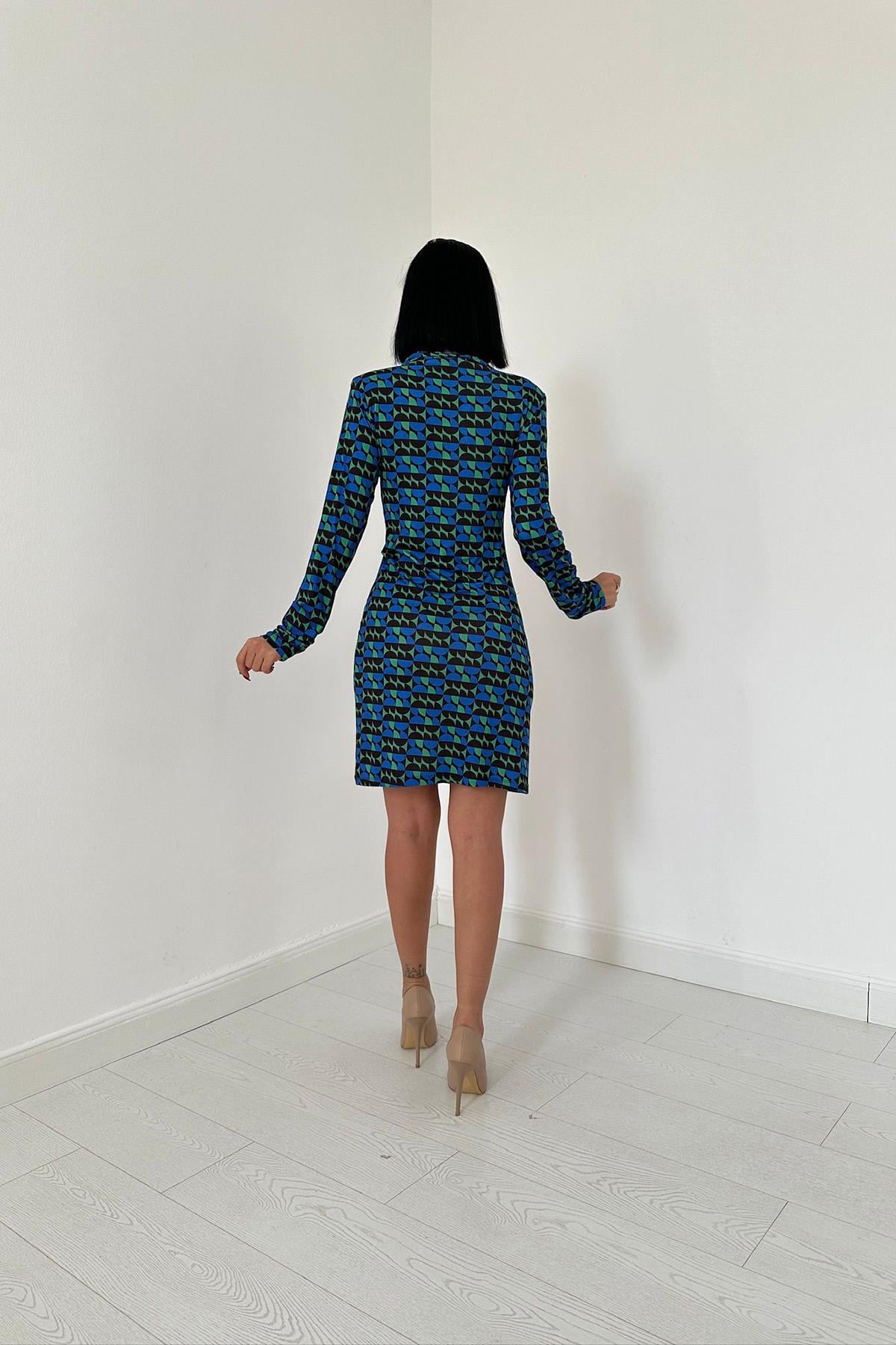 Mavi Pileli Desenli Elbise