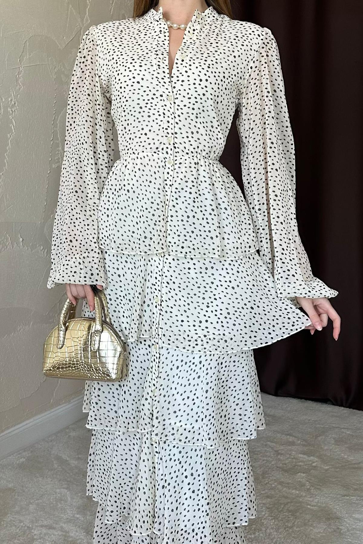 Bej Puantiyeli Şifon Kat Elbise