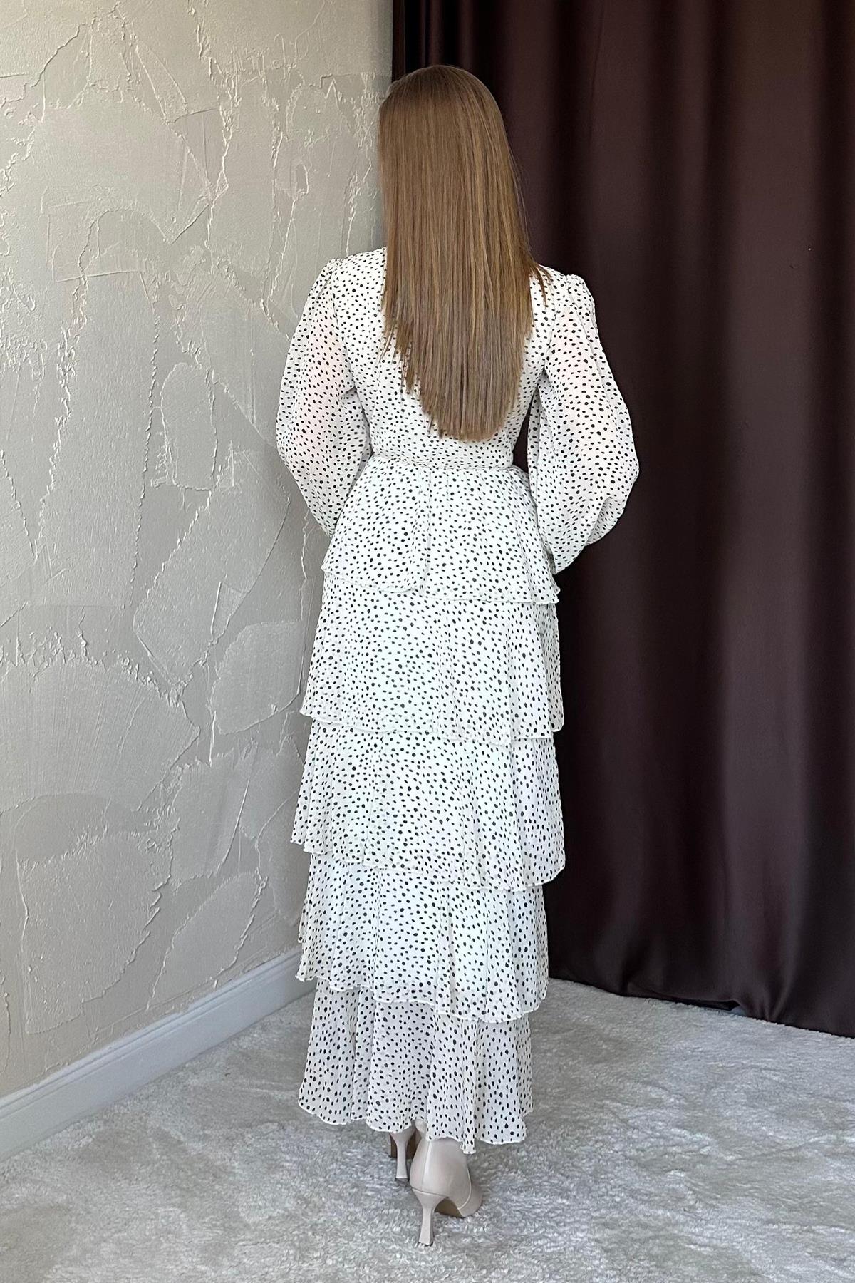 Bej Puantiyeli Şifon Kat Elbise