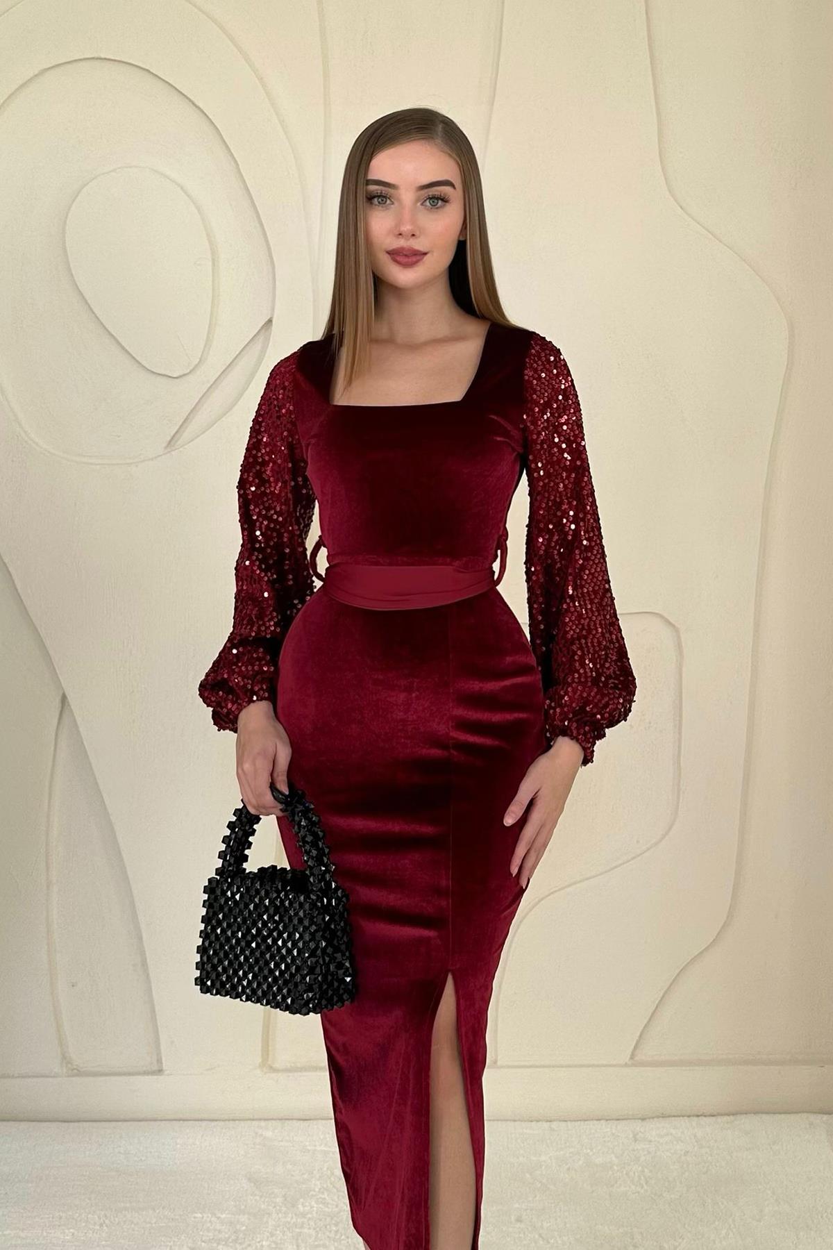 Bordo Pul Payetli Yırtmaç Detaylı Kadife Elbise