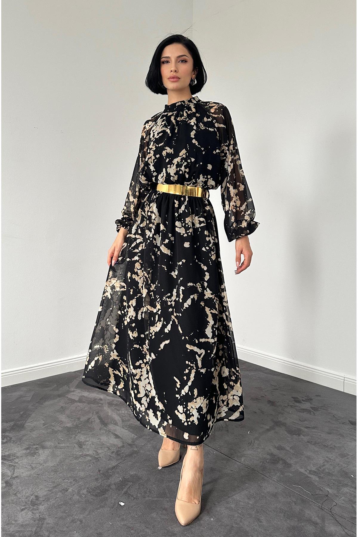 Siyah Reglan Kol ve Baskılı Elbise