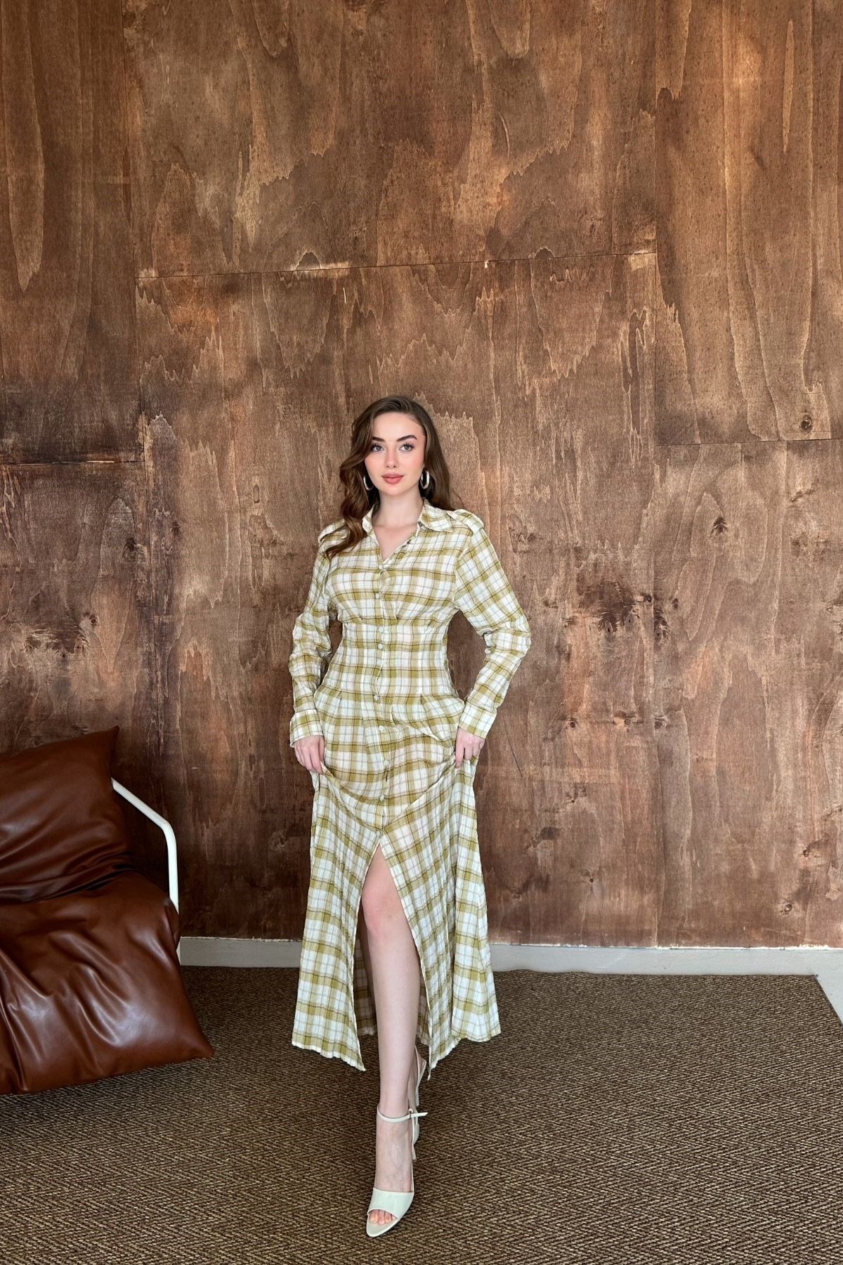 Sarı Pileli Ekoseli Elbise