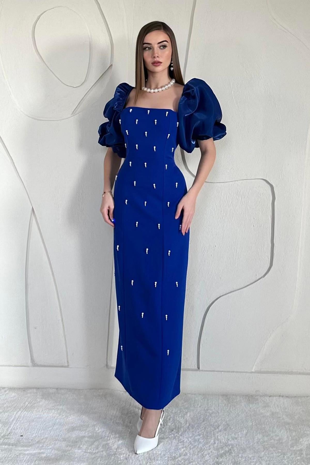 Sax Kolu Garnili İşleme Detaylı Elbise