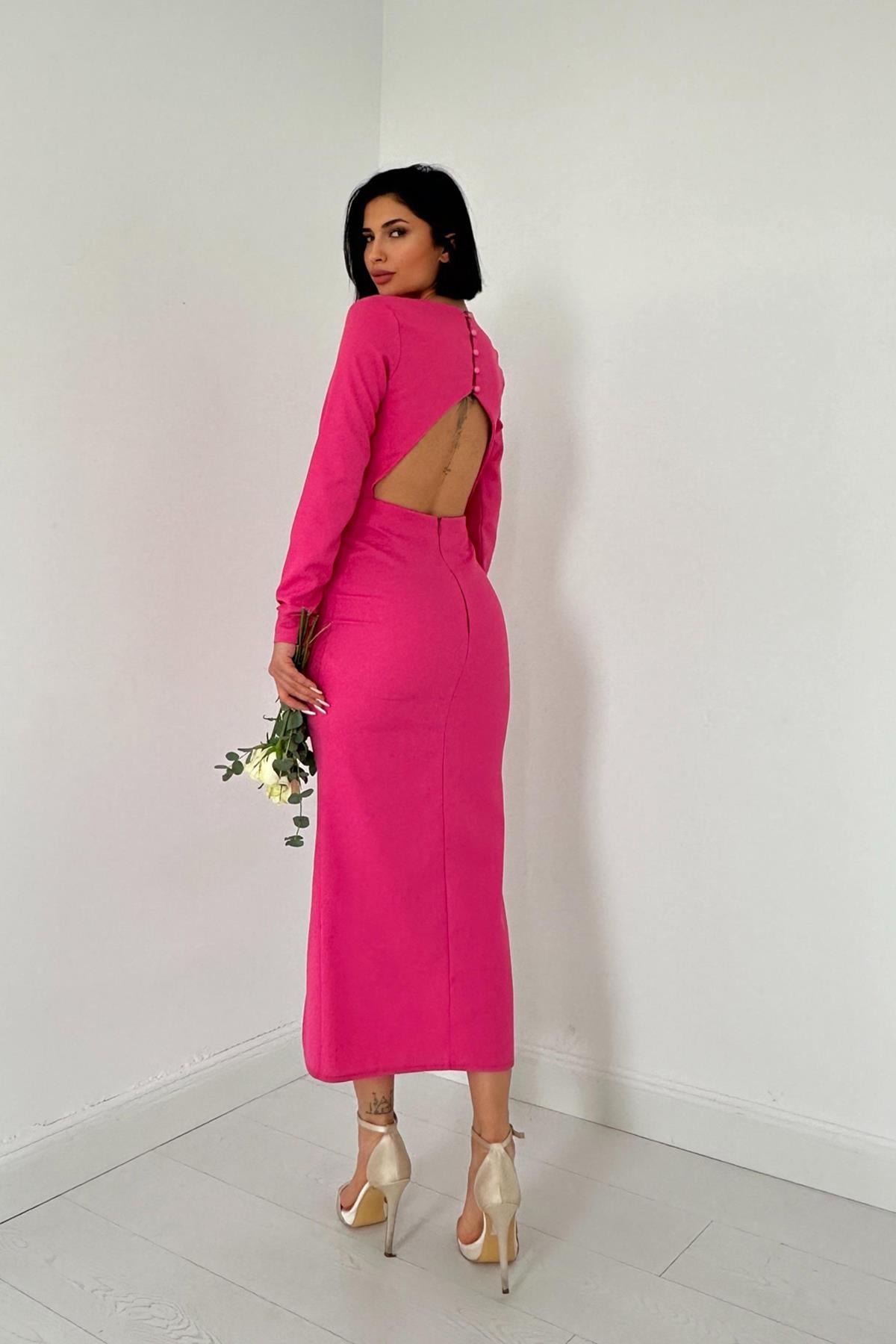 Pembe Sırt Dekolteli Elbise