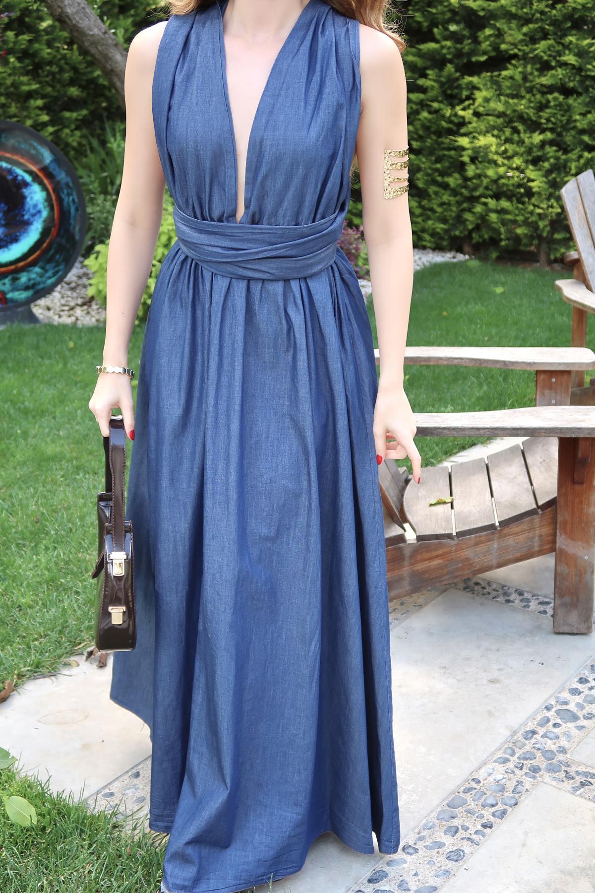 Mavi Sırt Detaylı Bağlamalı Denim Elbise
