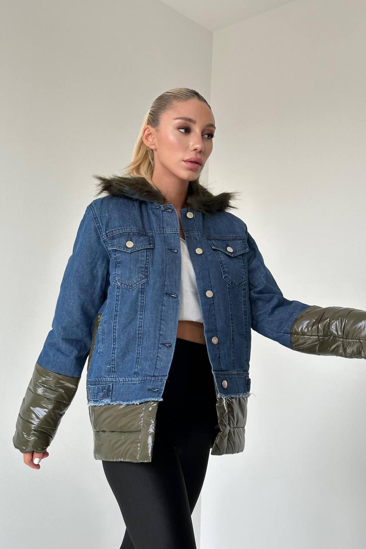 Yeşil Şişme Kot Mont