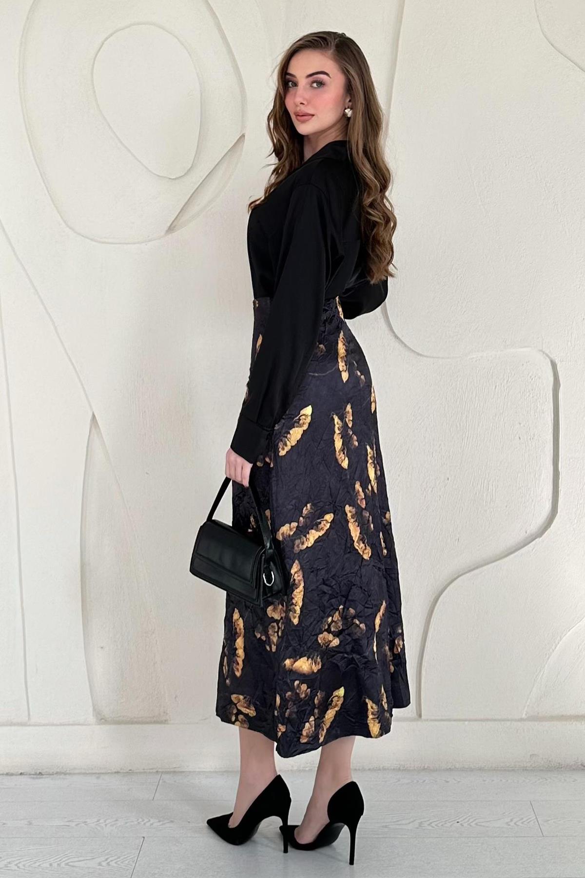 Siyah Baskılı Kroşetalı Etek