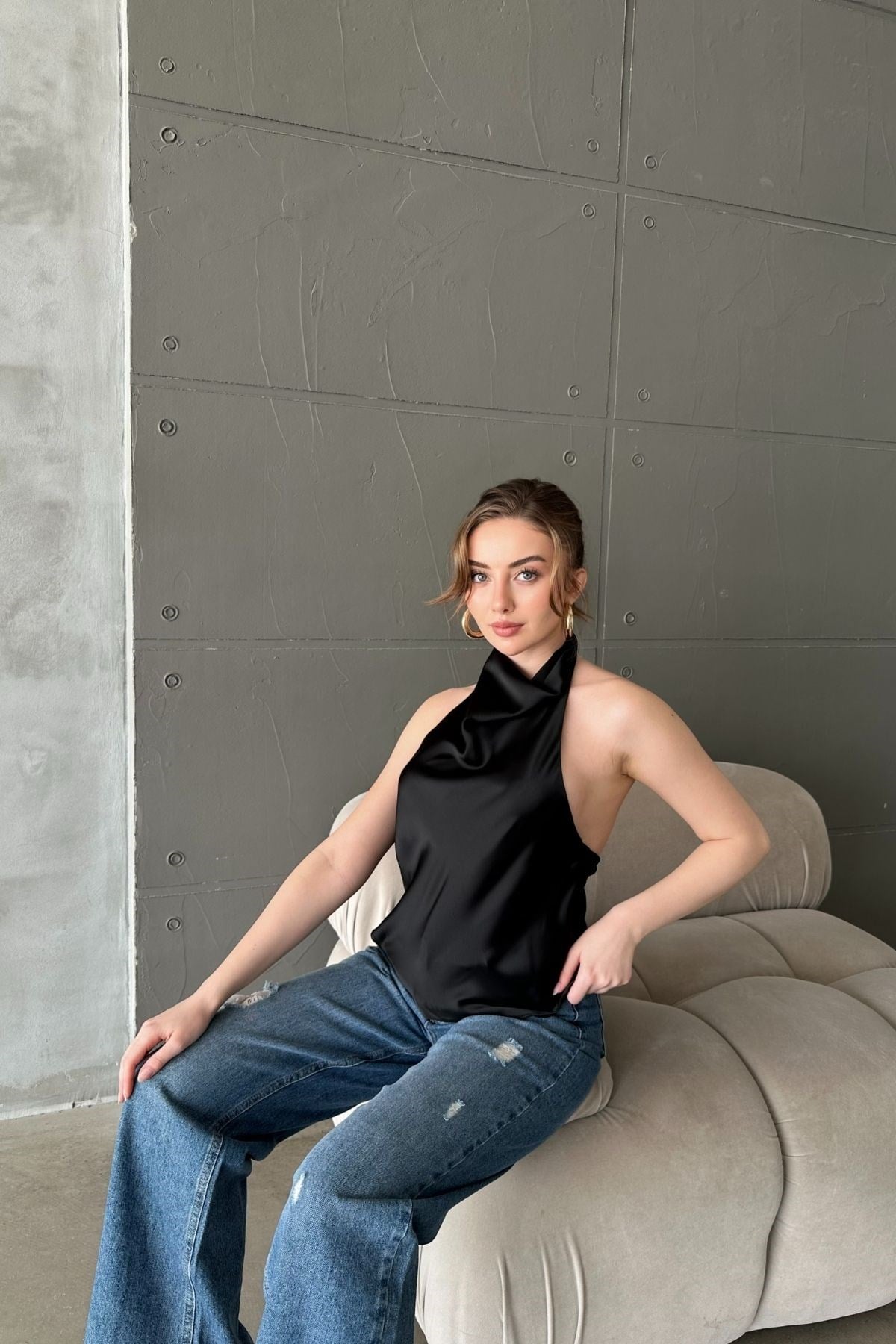 Siyah Degaje Saten Bluz