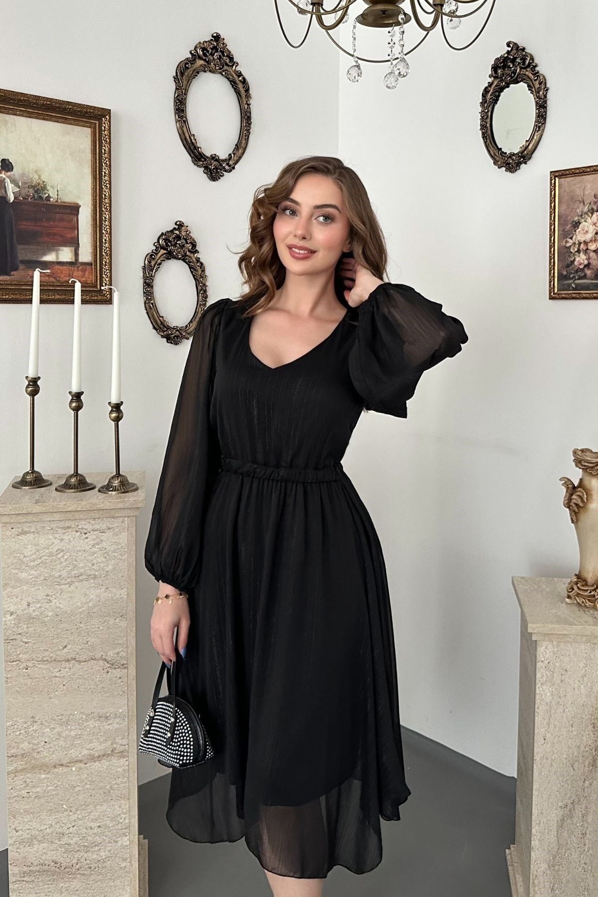 Siyah Işıltılı Asimetrik Elbise