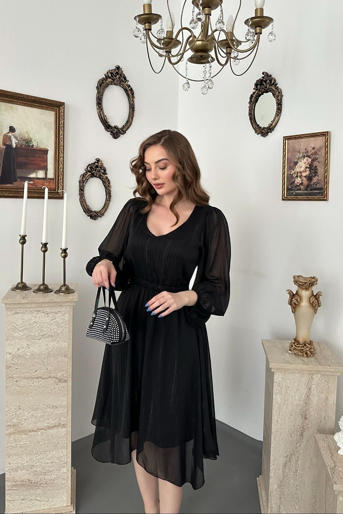 Siyah Işıltılı Asimetrik Elbise