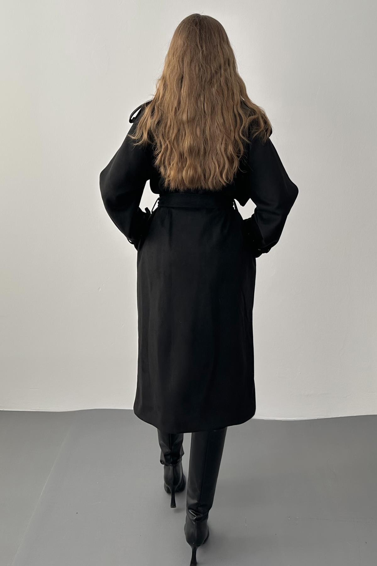 Siyah Kruvaze Yaka Kuşak Detaylı Süet Trençkot