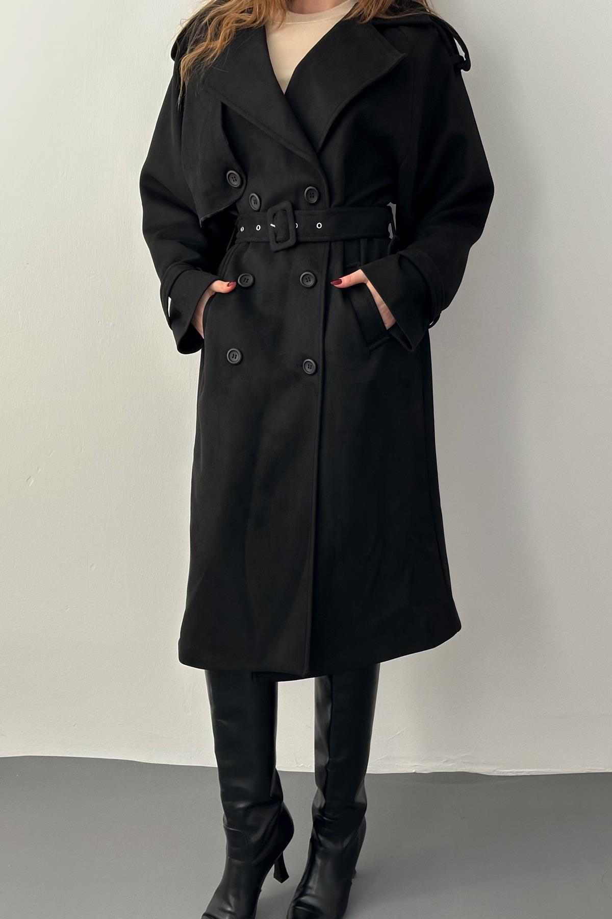 Siyah Kruvaze Yaka Kuşak Detaylı Süet Trençkot