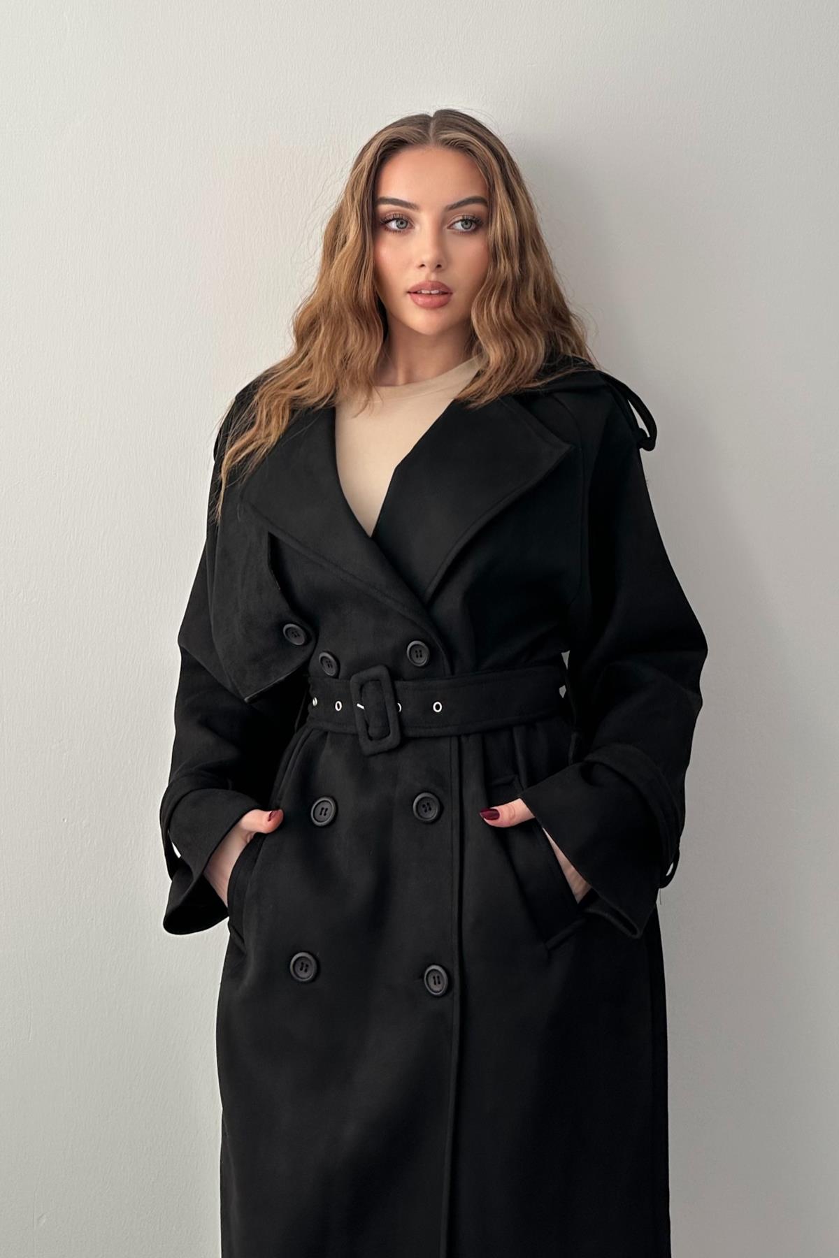 Siyah Kruvaze Yaka Kuşak Detaylı Süet Trençkot