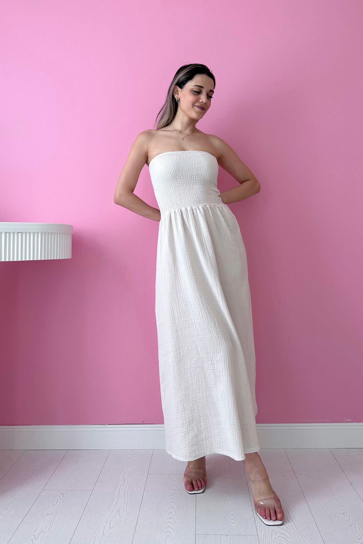 Bej Straplez Gipeli Elbise