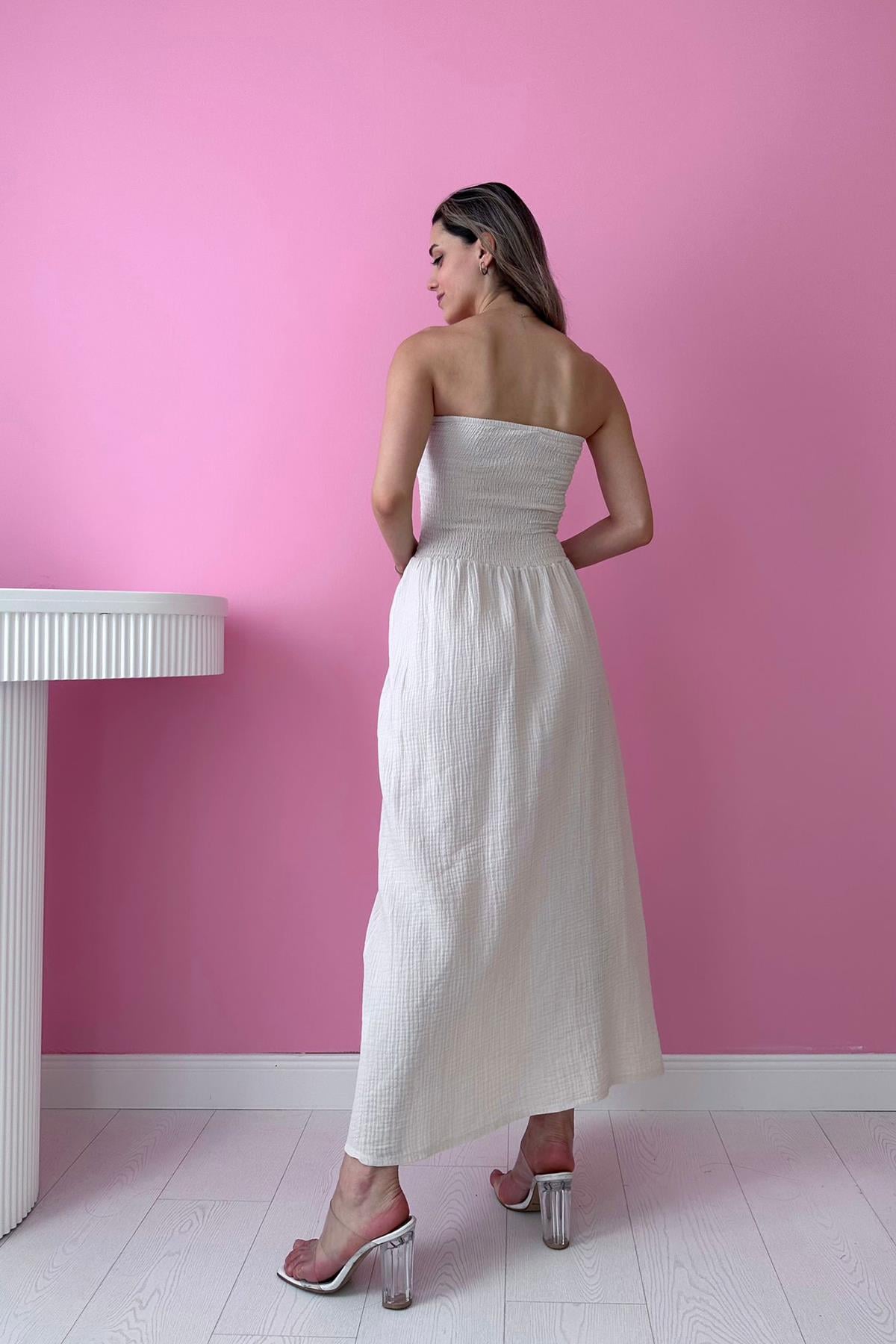 Bej Straplez Gipeli Elbise