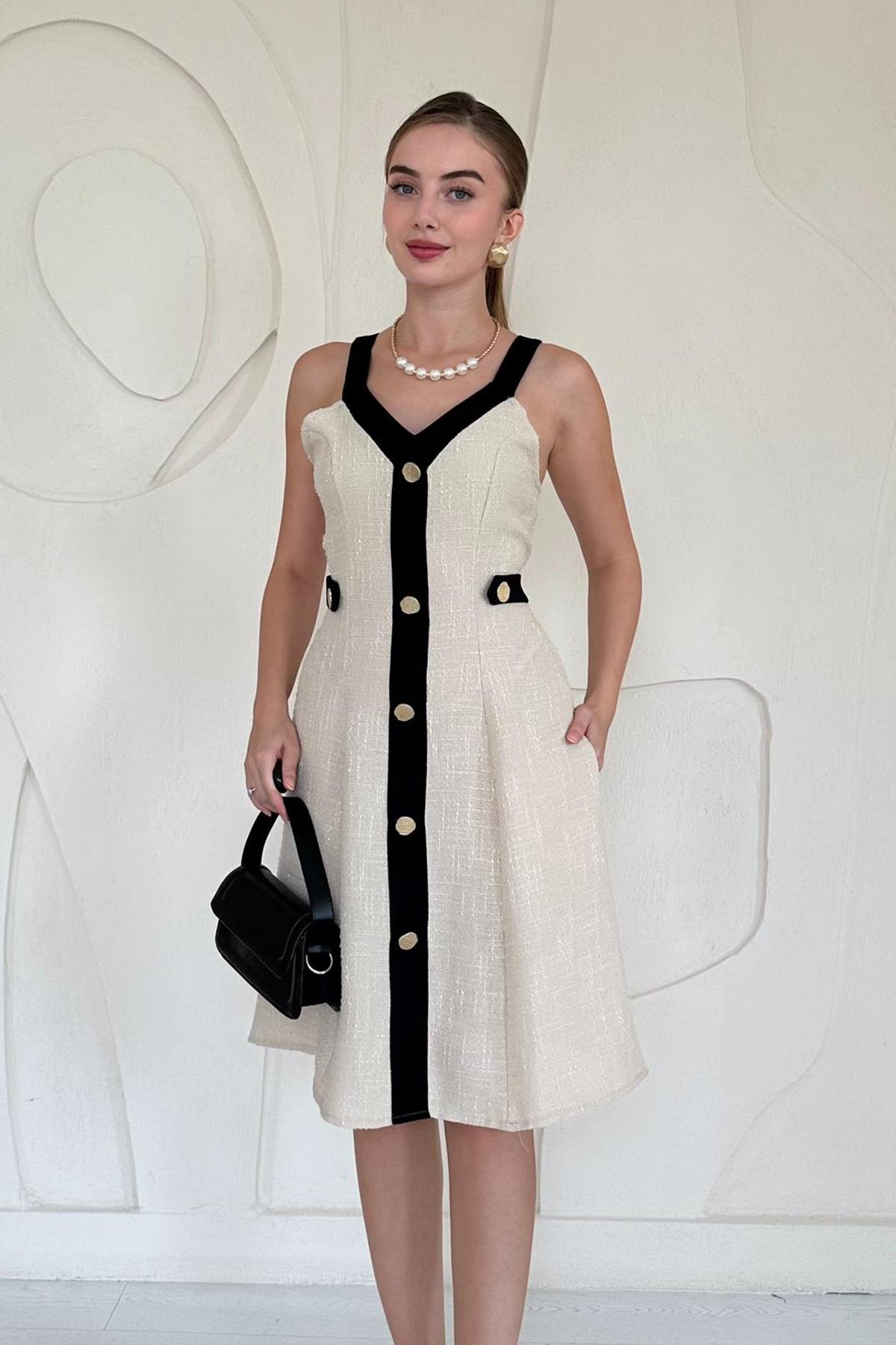 Bej Süs Cepli Askılı Elbise