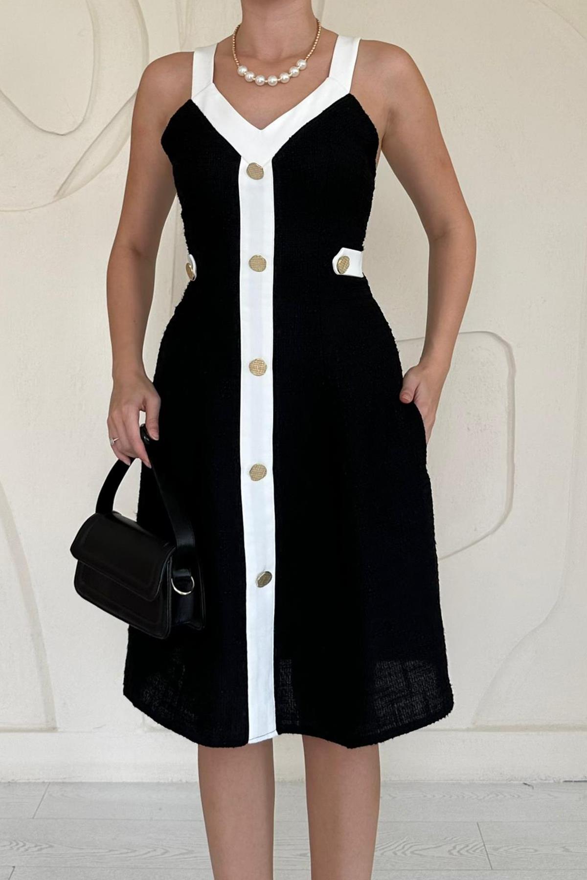 Siyah Süs Cepli Askılı Elbise