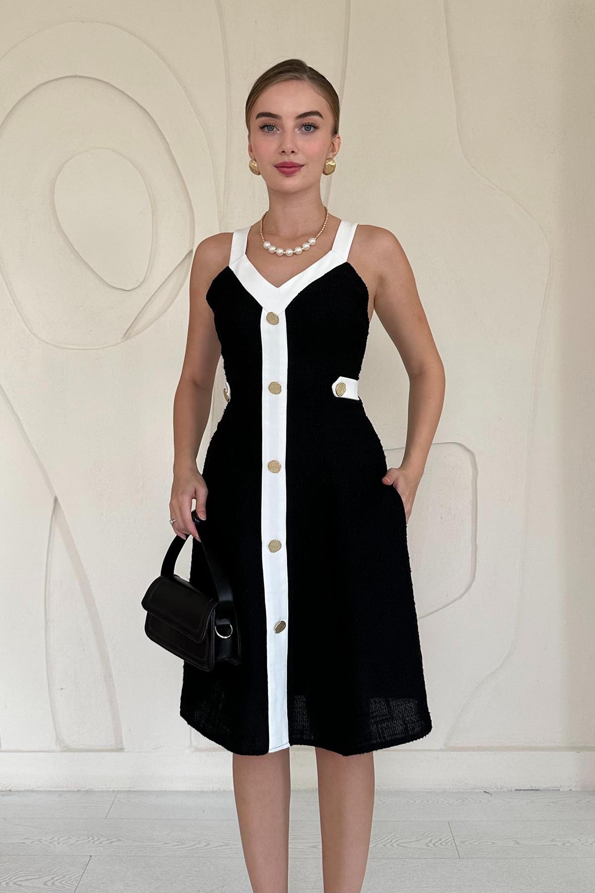 Siyah Süs Cepli Askılı Elbise