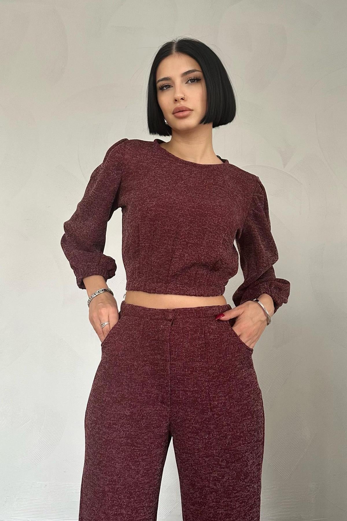 Bordo Sweat ve Pantolon Eşofman Takım