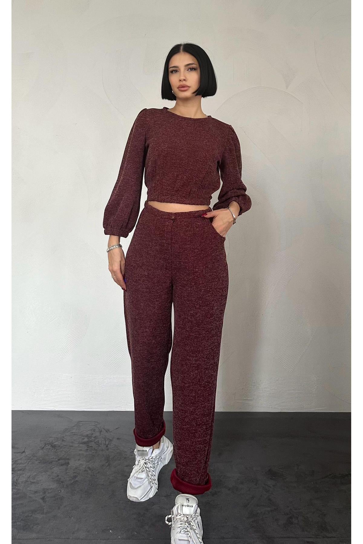Bordo Sweat ve Pantolon Eşofman Takım