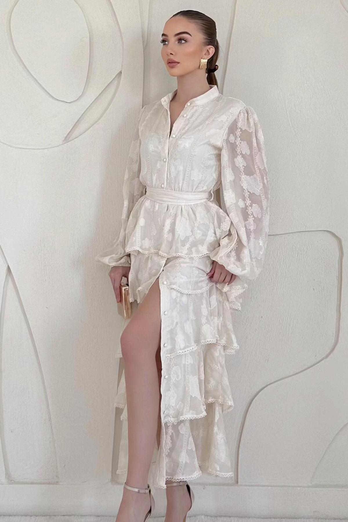 Ekru Uzun Volanlı Elbise