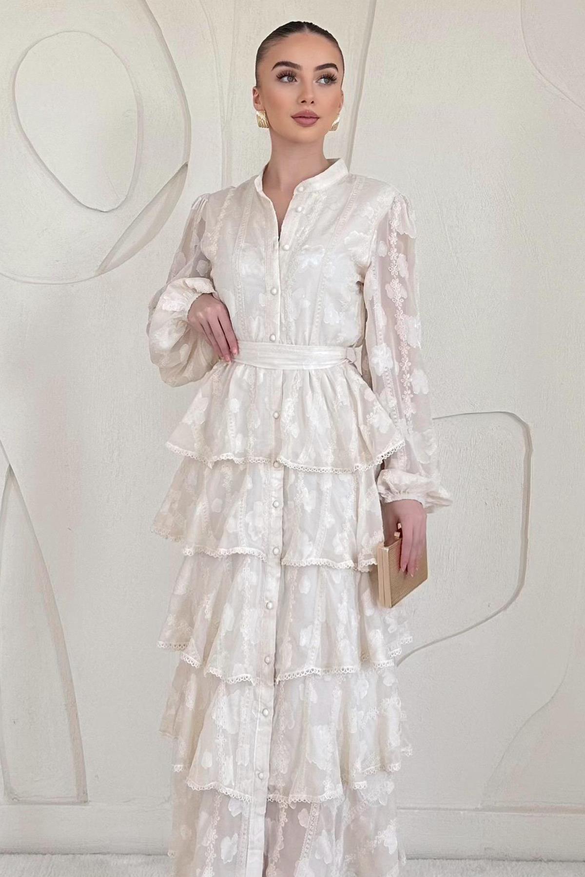 Ekru Uzun Volanlı Elbise