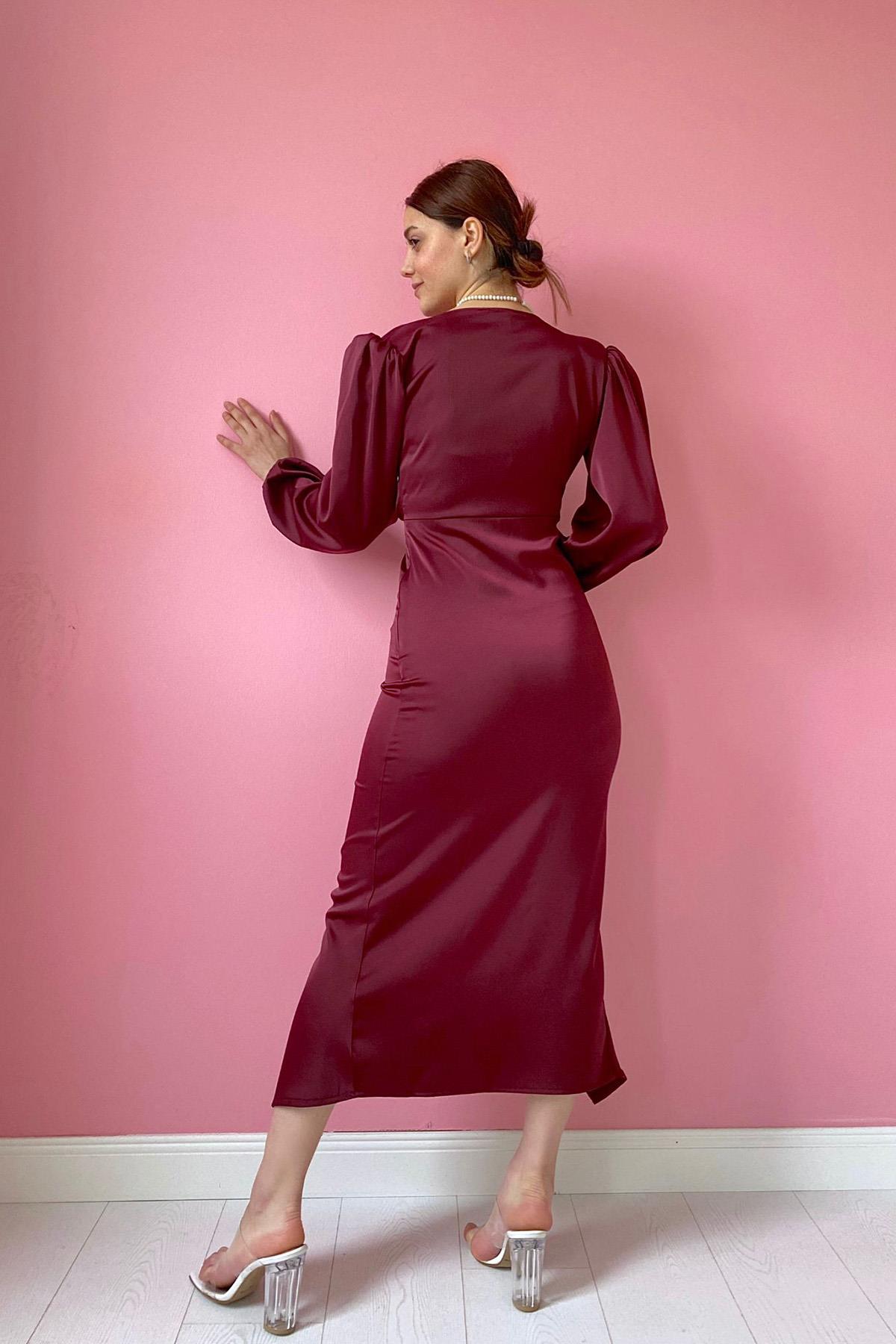 Bordo V Yaka Saten Elbise
