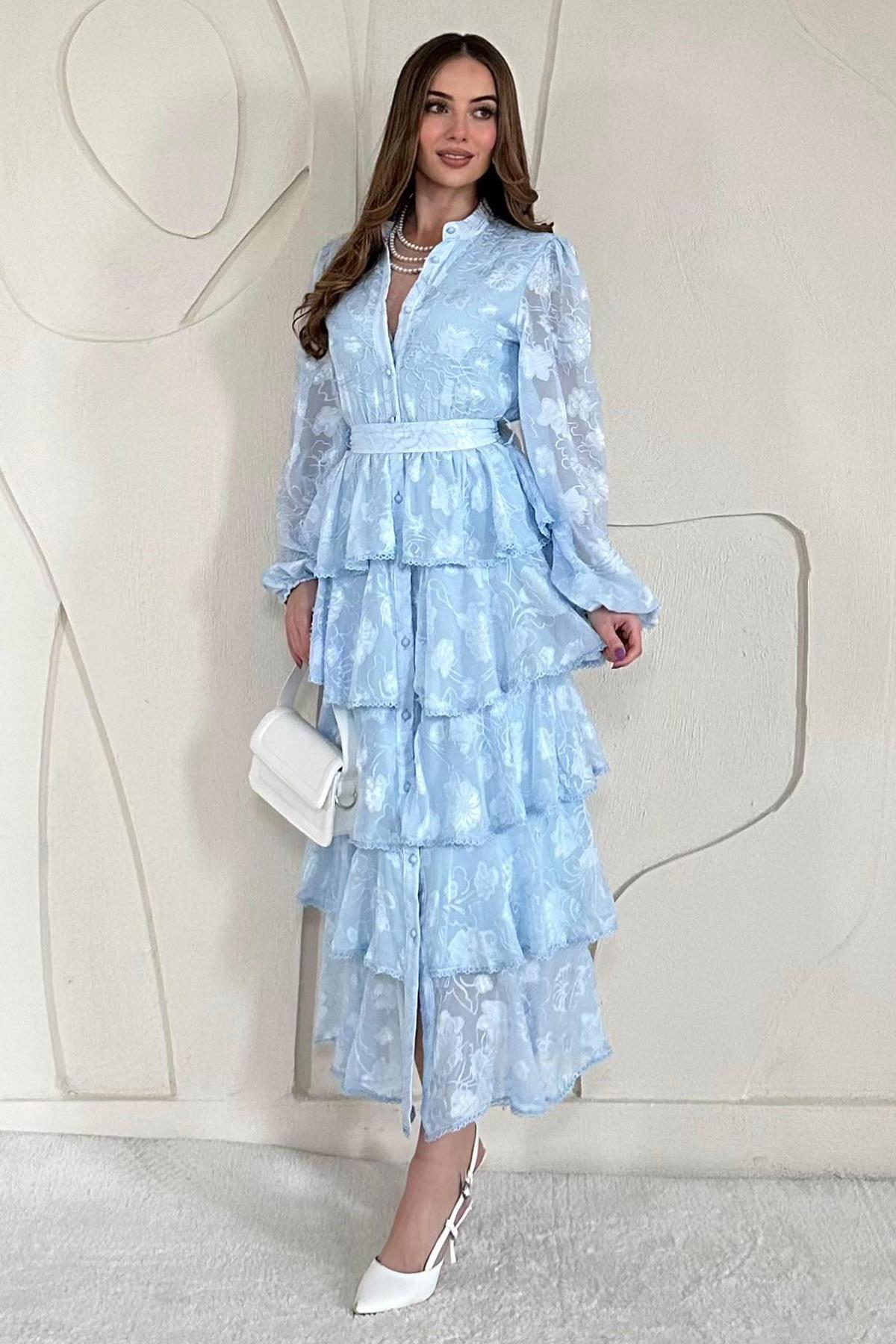 Bebe Mavi Volanlı Şeritli Kat Kat Elbise