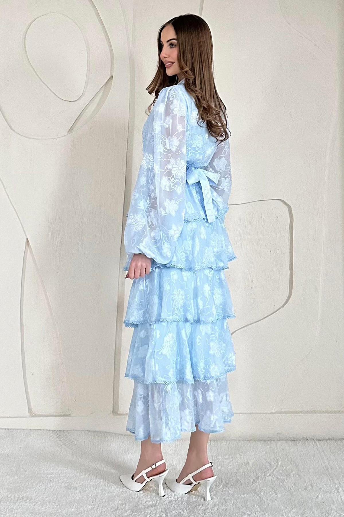 Bebe Mavi Volanlı Şeritli Kat Kat Elbise