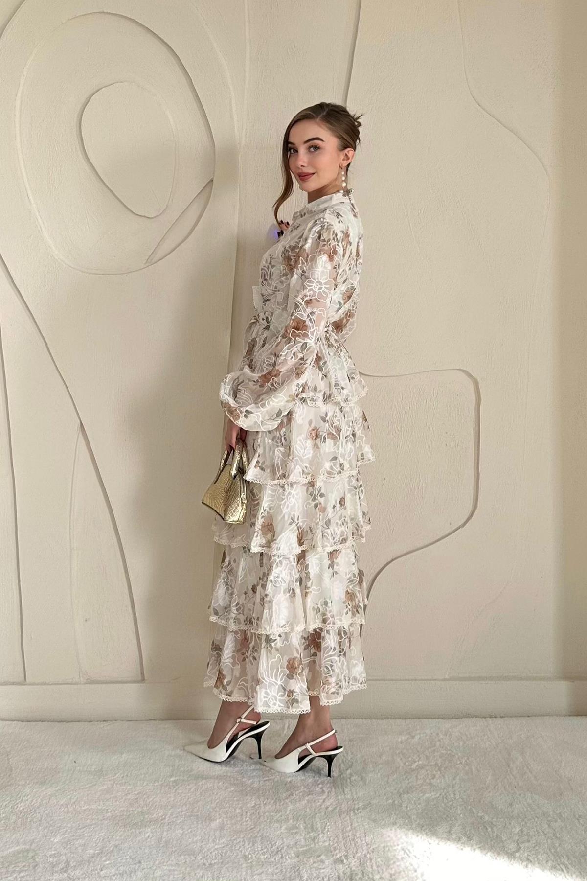 Vizon Volanlı Şeritli Kat Kat Elbise