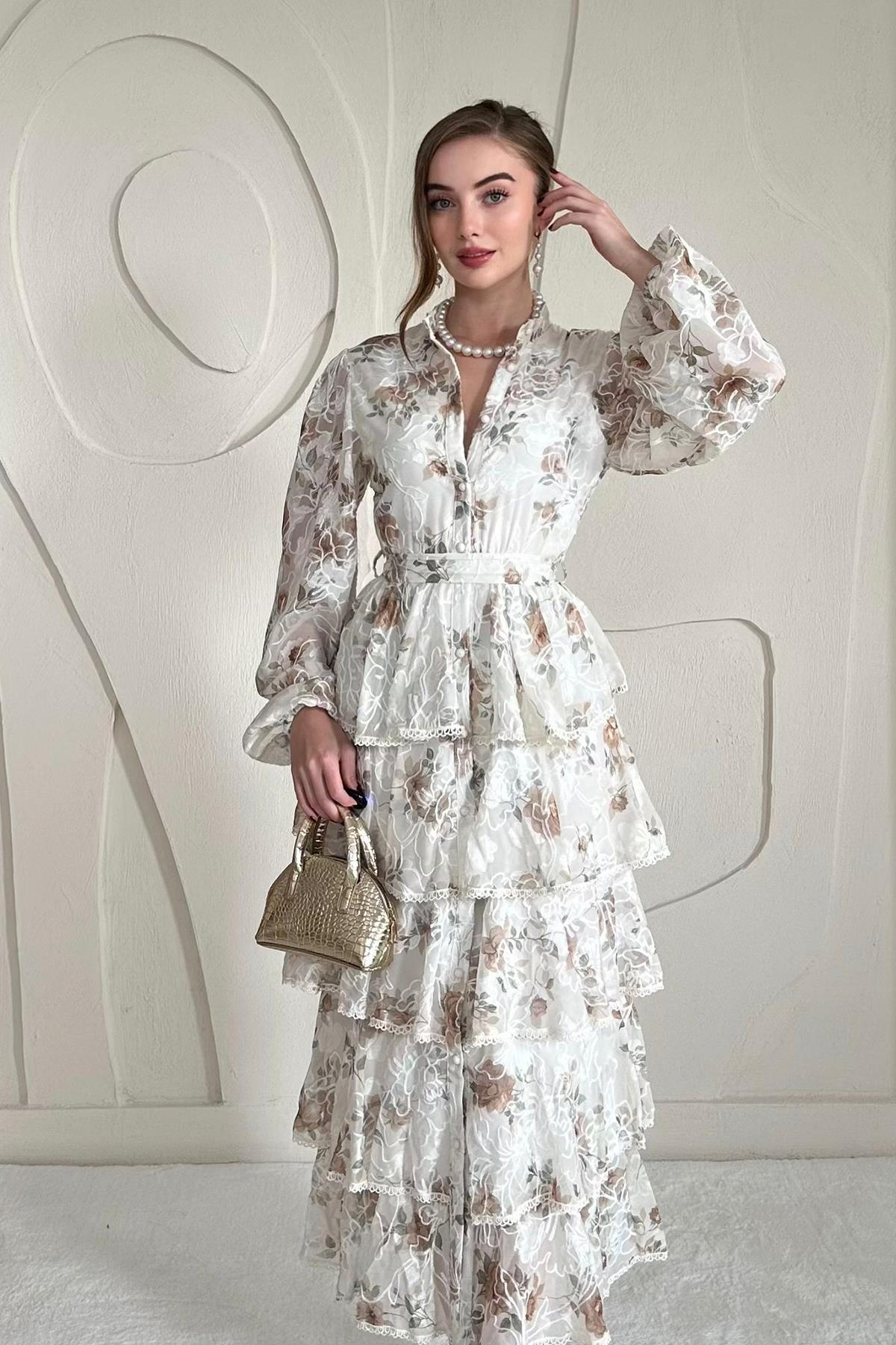 Vizon Volanlı Şeritli Kat Kat Elbise