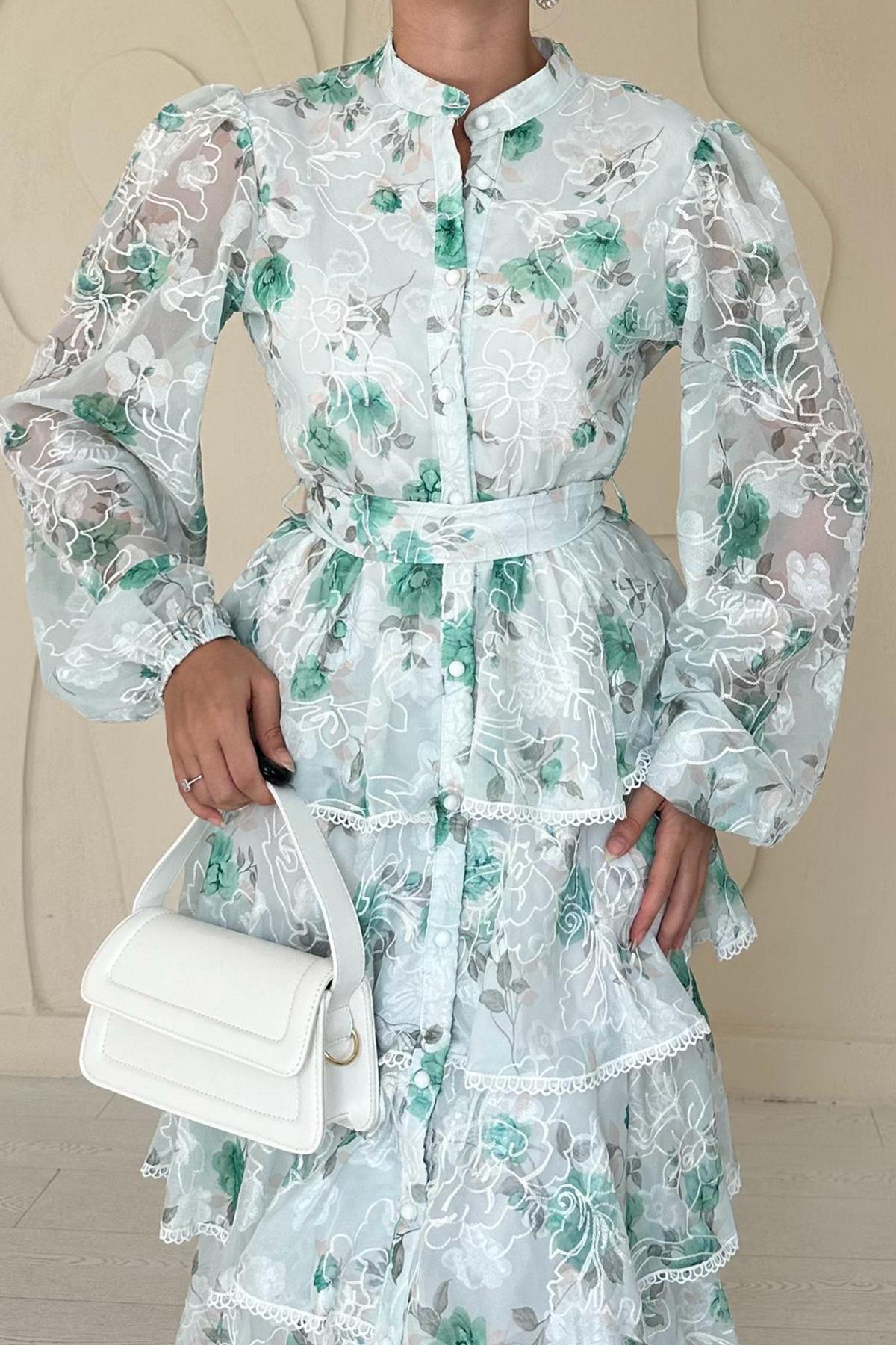 Yeşil Volanlı Şeritli Kat Kat Elbise