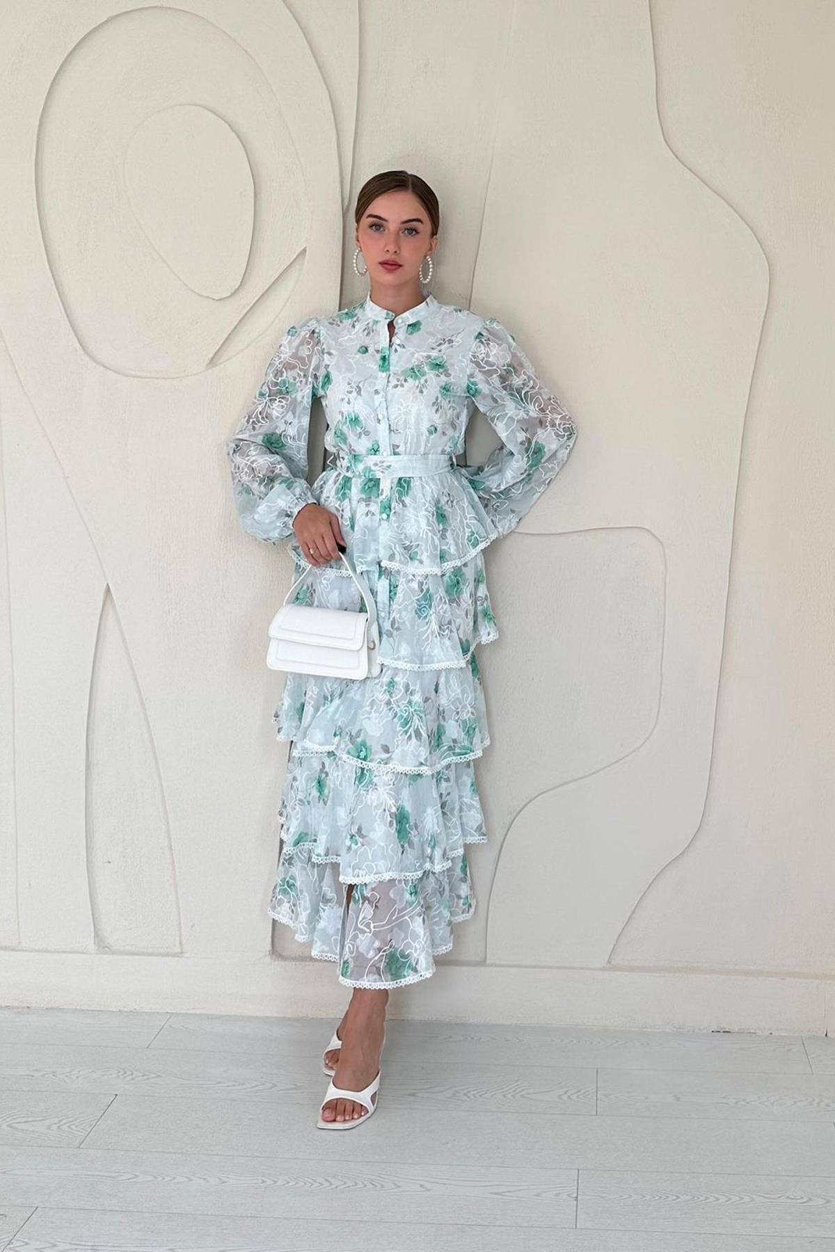 Yeşil Volanlı Şeritli Kat Kat Elbise