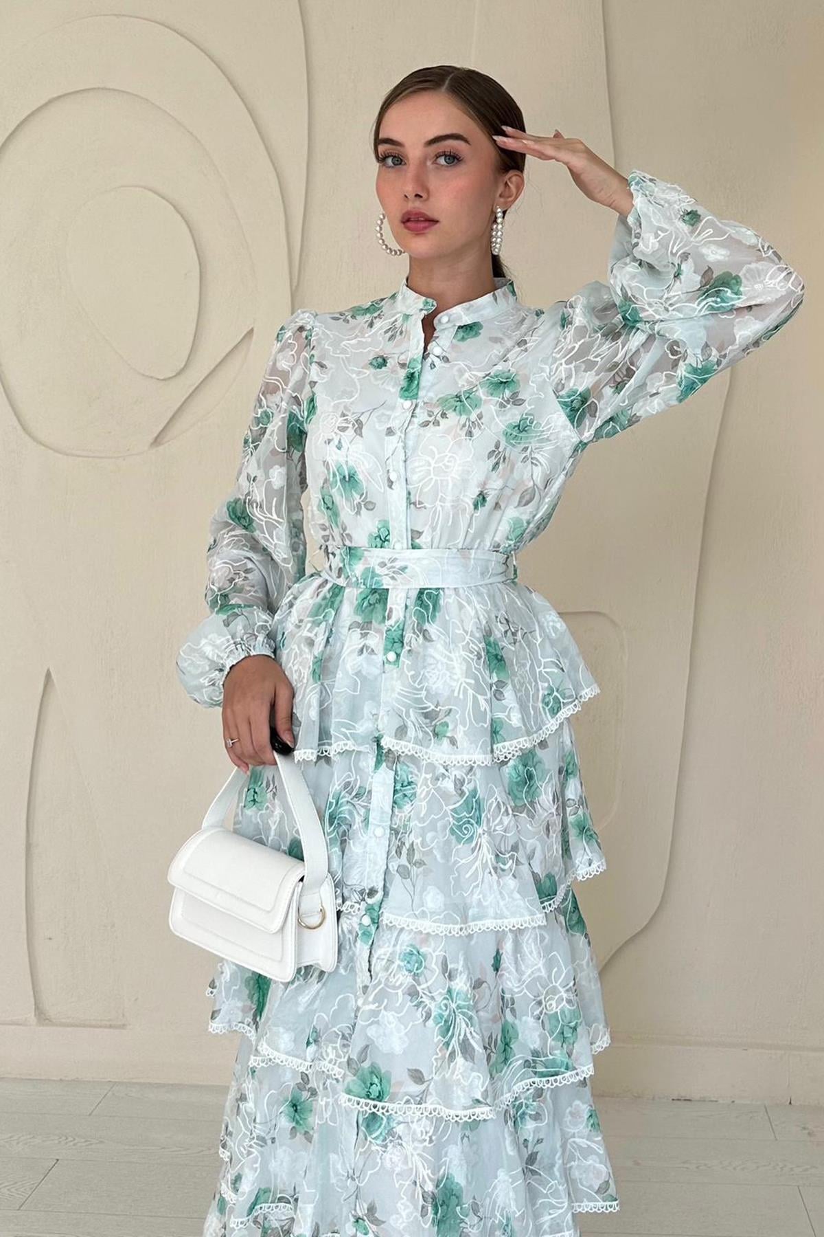 Yeşil Volanlı Şeritli Kat Kat Elbise