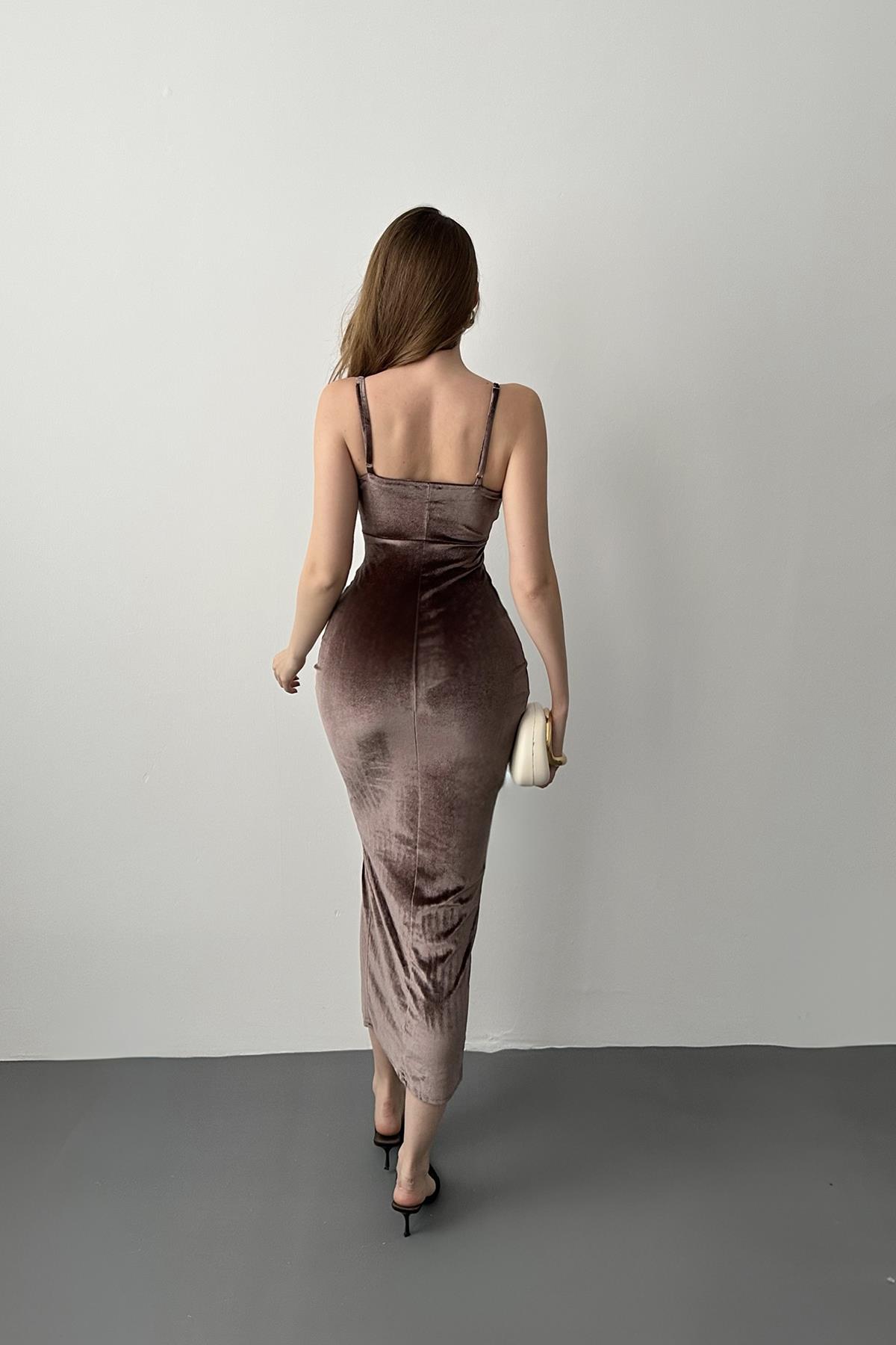 Vizon Askılı Kadife Elbise