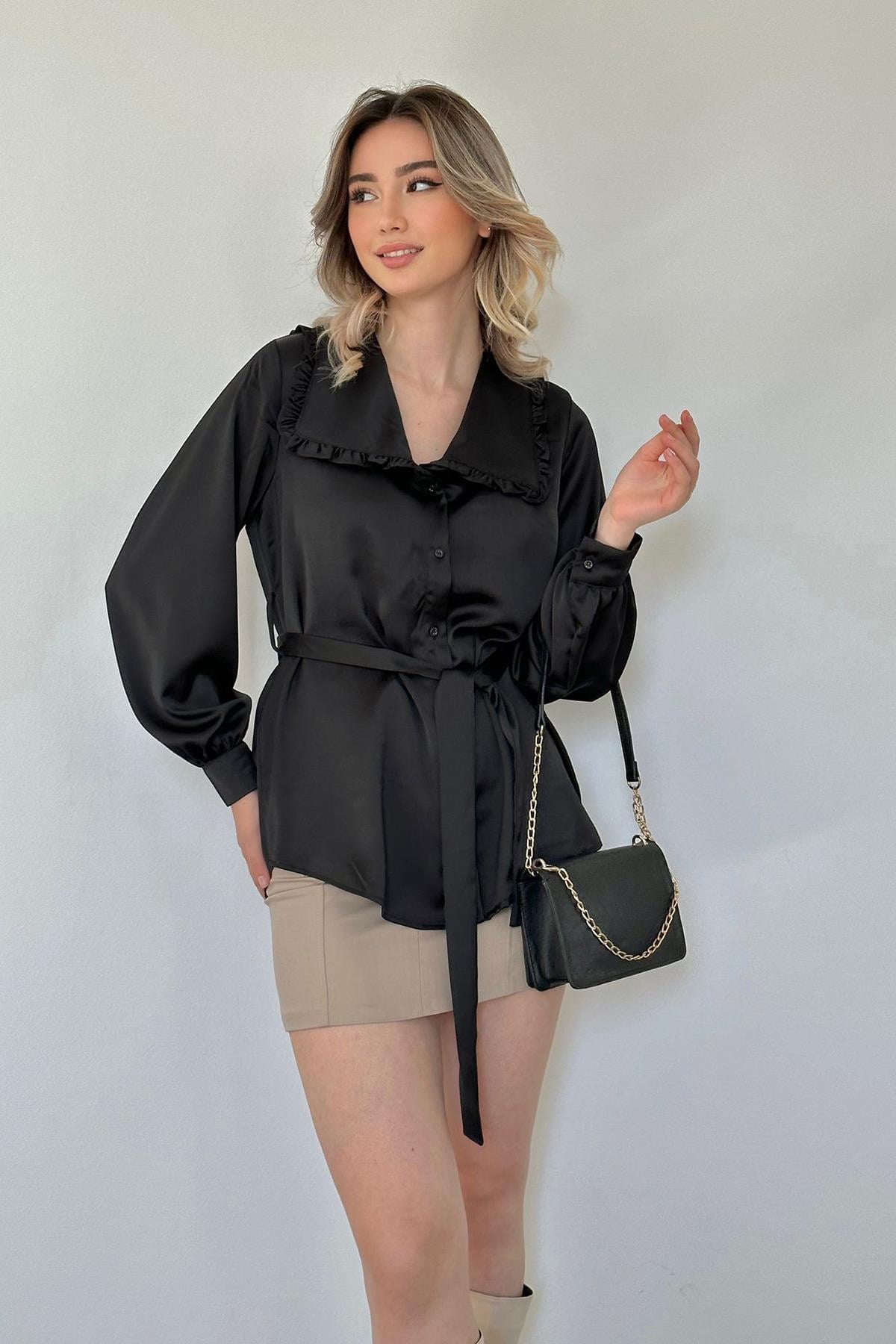 Satin Shirt with Ruffled Collar and Belt