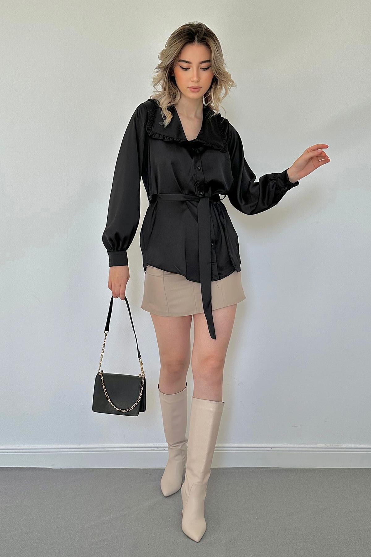 Satin Shirt with Ruffled Collar and Belt