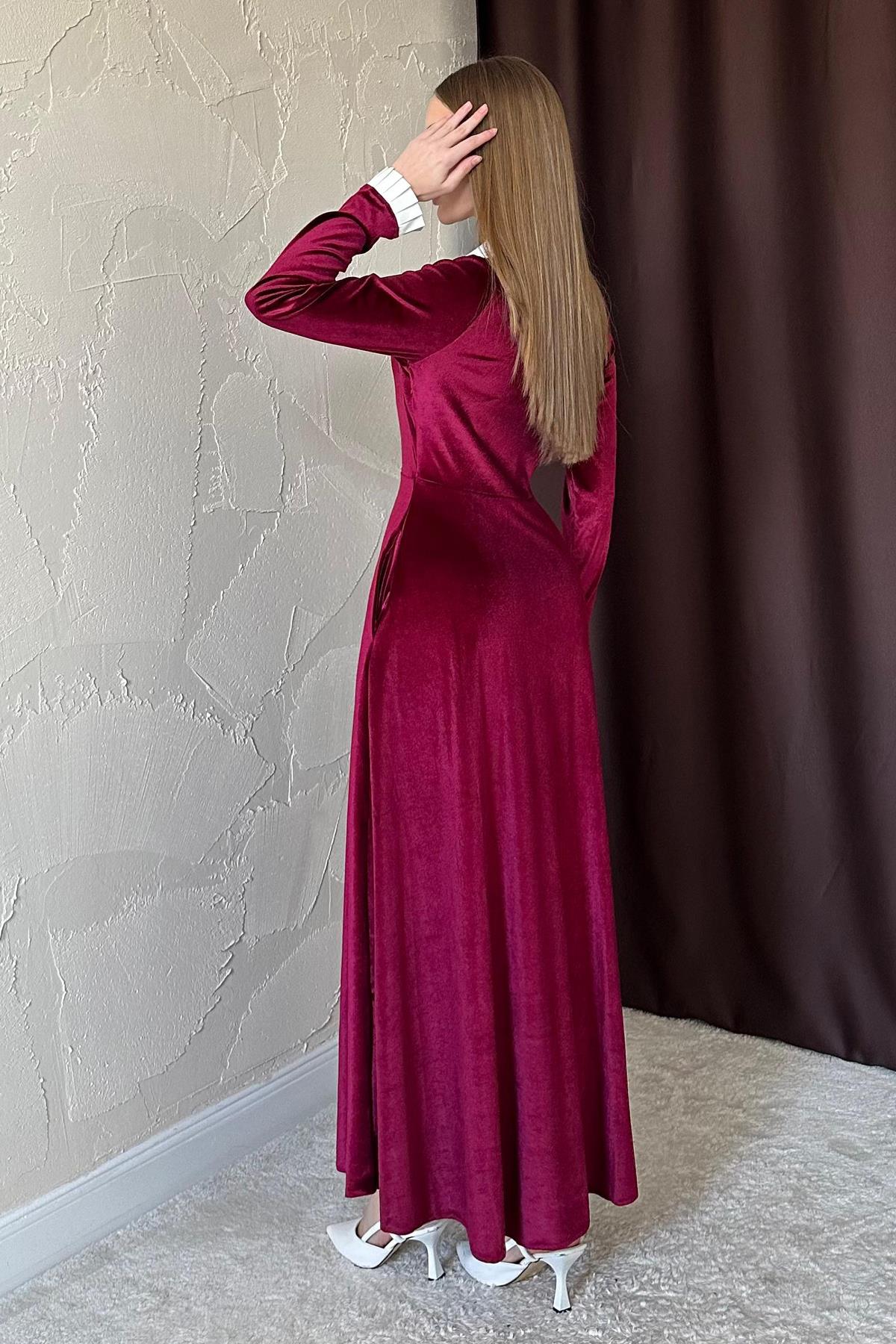 Bordo Yakası Taşlı Garnili Kadife Elbise