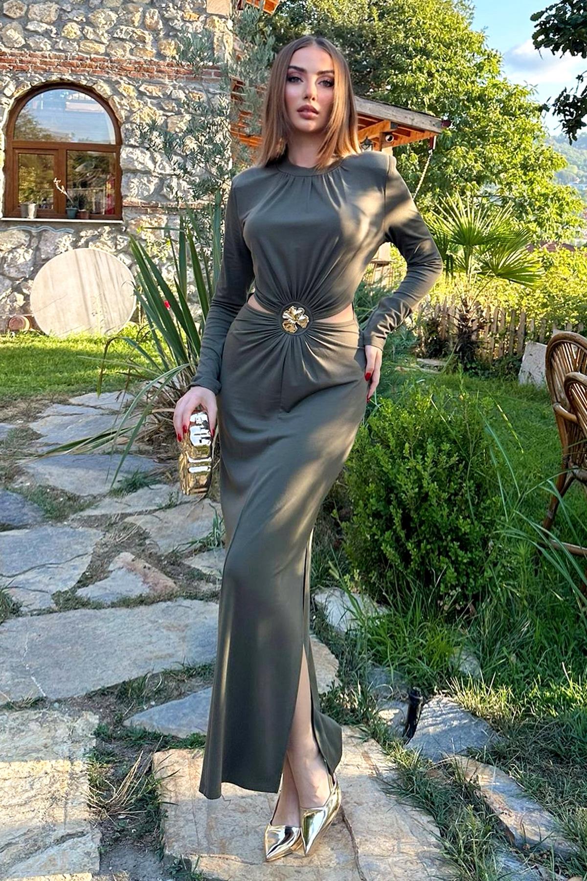 Haki Yarım Boğazlı Yırtmaçlı Elbise