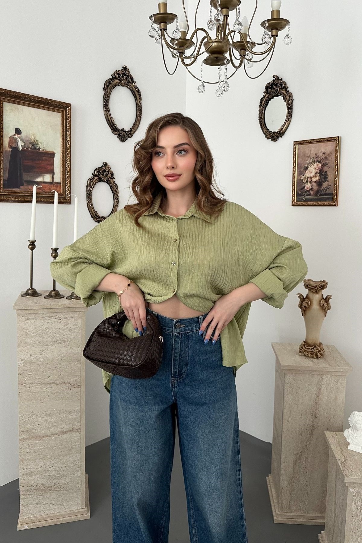 Yeşil Nakışlı Oversize Gömlek