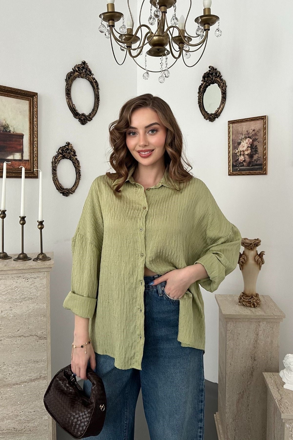Yeşil Nakışlı Oversize Gömlek