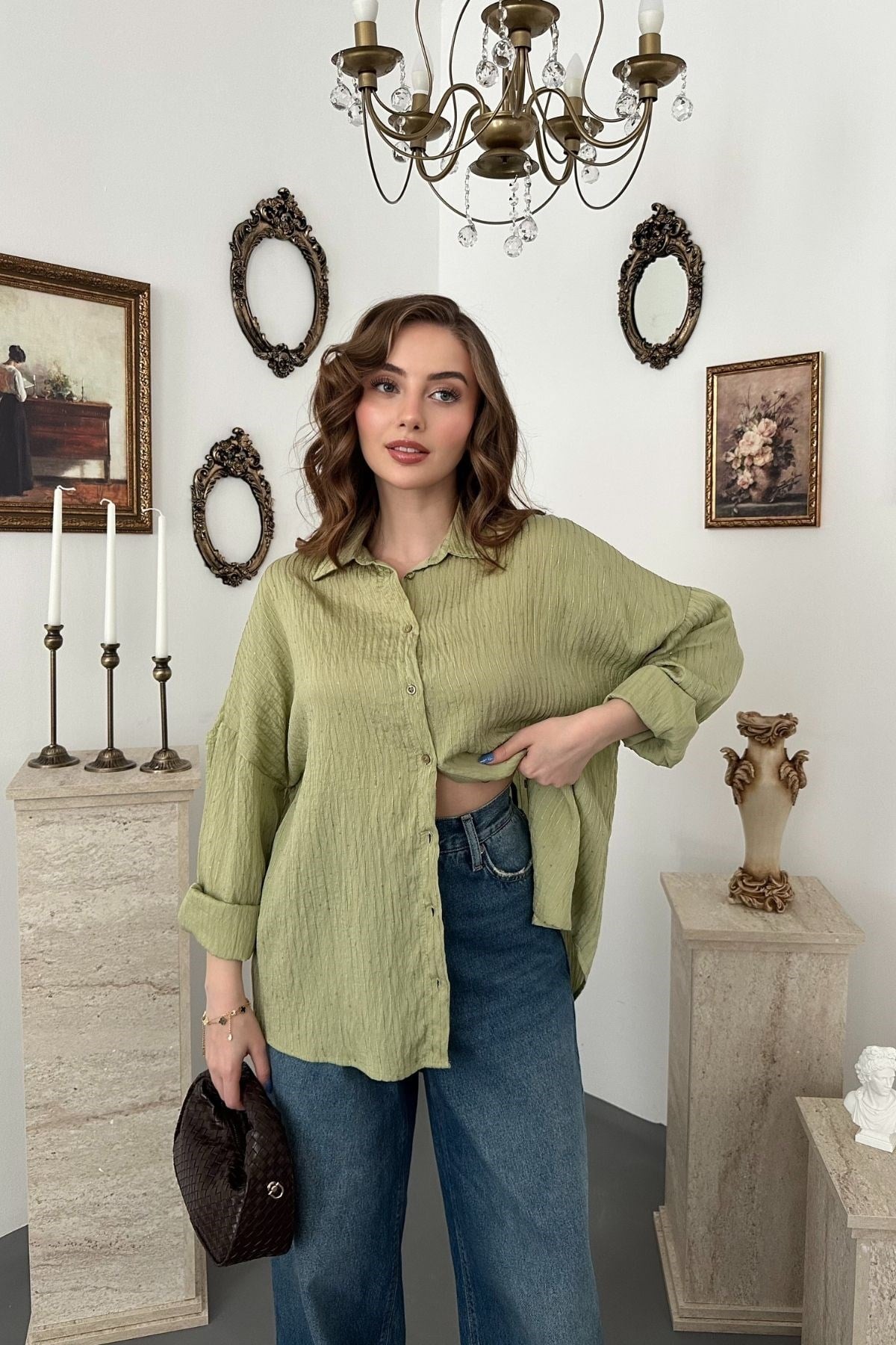 Yeşil Nakışlı Oversize Gömlek