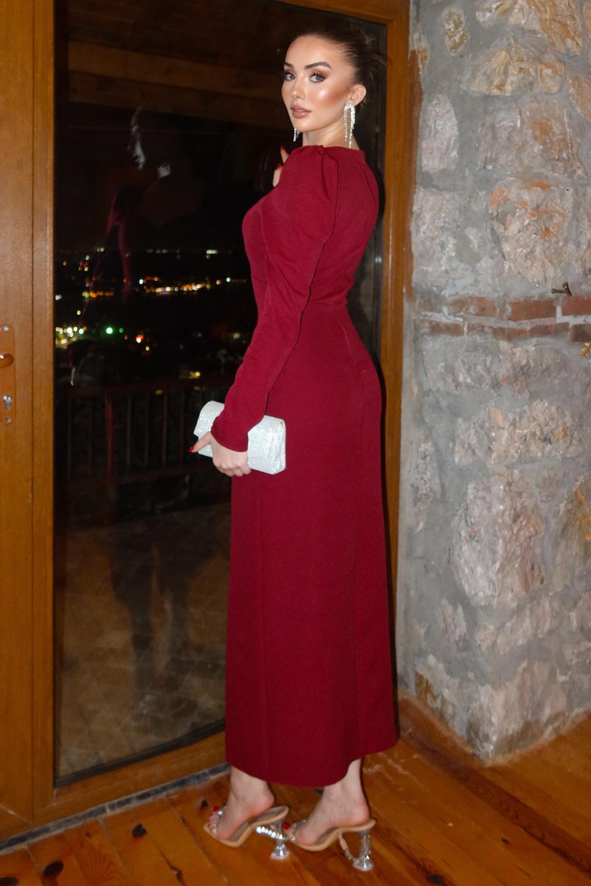 Bordo Yırtmaçlı Detaylı Karpuz Kol Elbise
