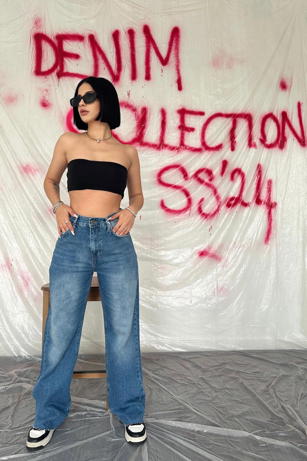 Mavi Yüksek Bel ve Geniş Paça Jeans Pantolon