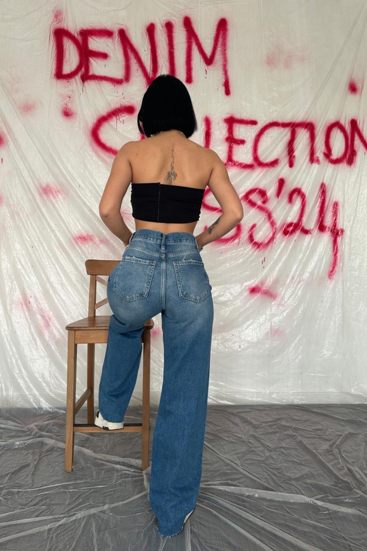 Mavi Yüksek Bel ve Geniş Paça Jeans Pantolon