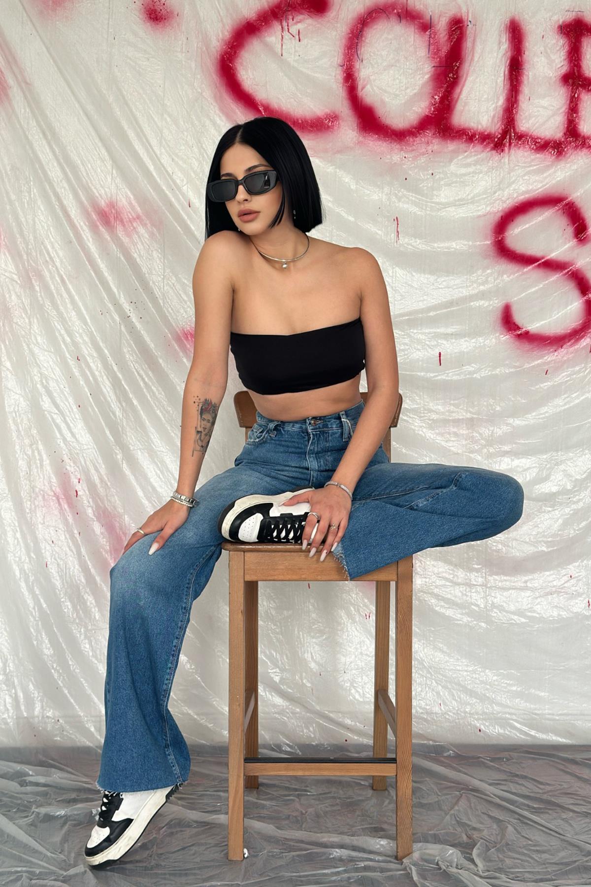 Mavi Yüksek Bel ve Geniş Paça Jeans Pantolon