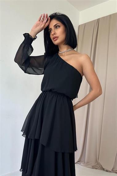 Siyah Tek Kollu Kat Kat Şifon Elbise